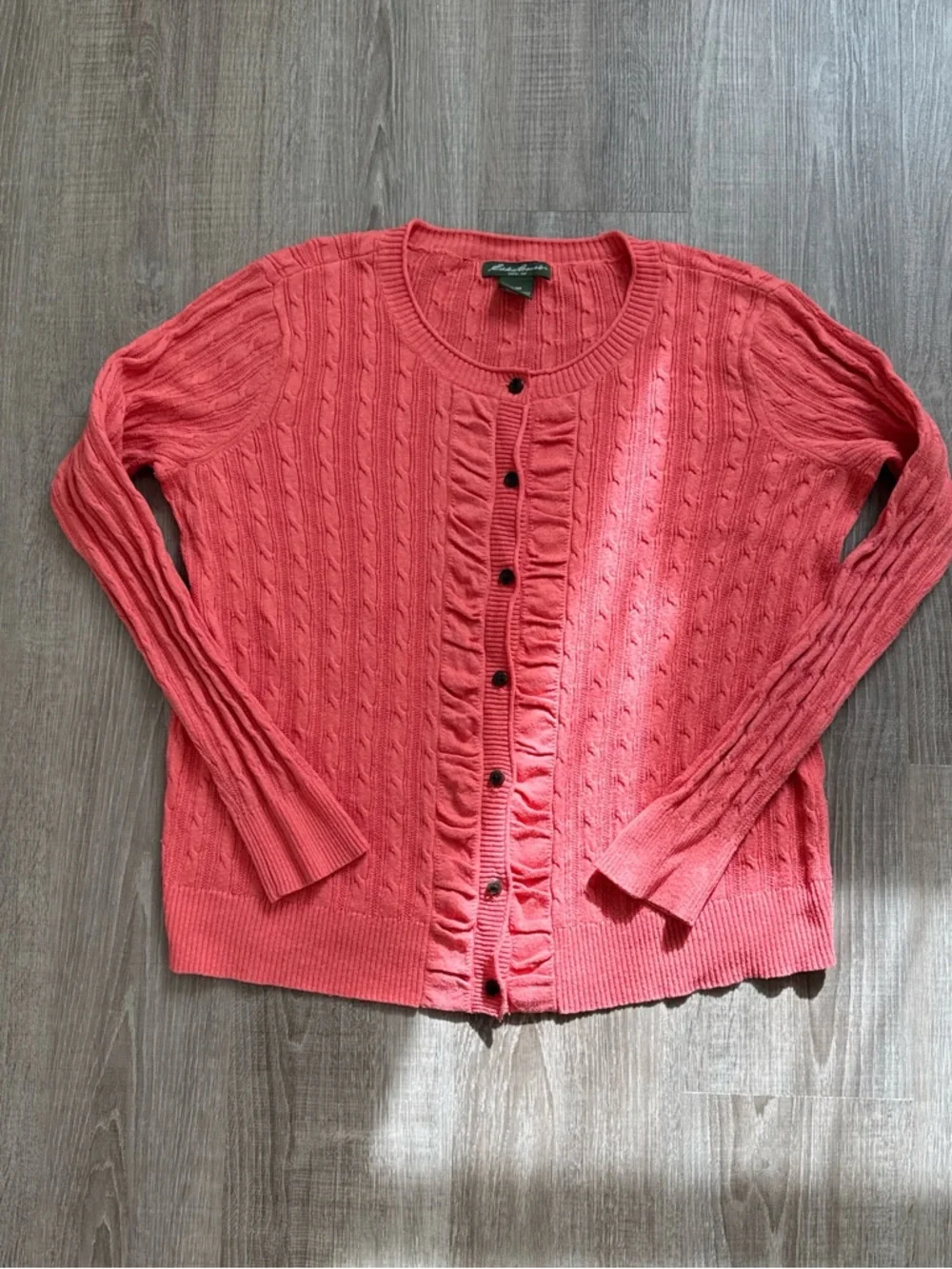 Eddie Bauer Cotton Blend Cable Knit Ruffle Accent Coral Pink Cardigan Size XL